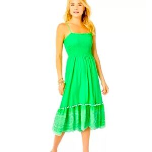 LILLY PULITZER Modesto cabana green smocked eyelet skirted midi dress